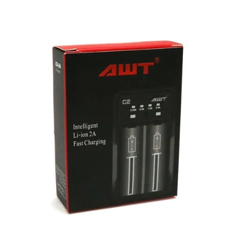 AWT battery charger packaging with red and black design.