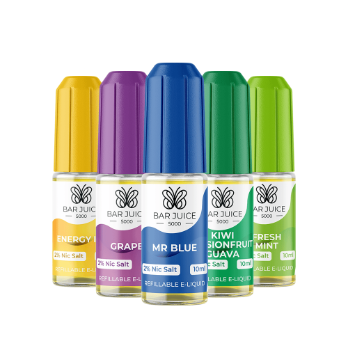 Five Bar Juice 5000 Nic Salt bottles with colorful caps in yellow, blue, and green.