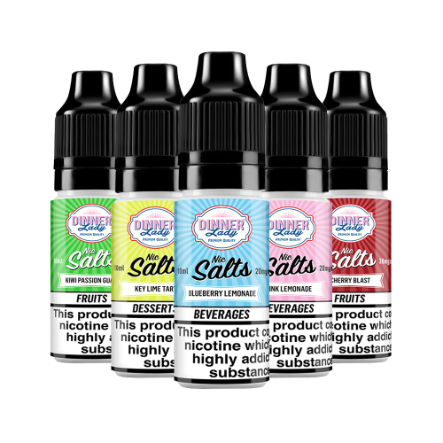 Six Dinner Lady Nic Salt bottles with black caps and colourful, vertically striped labels.