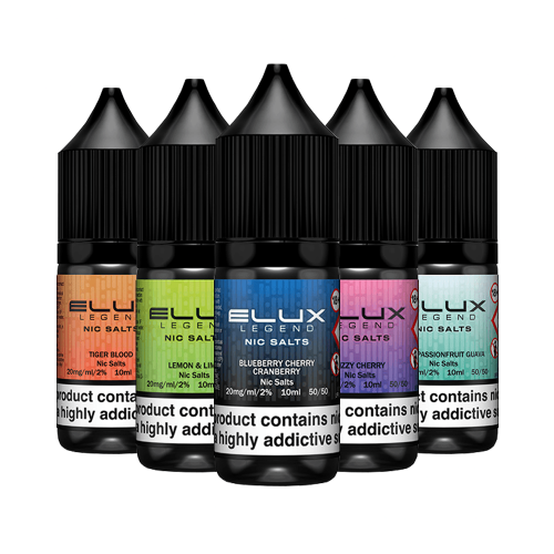 A lineup of six ELUX Legend Nic Salt e-liquid bottles with black caps.