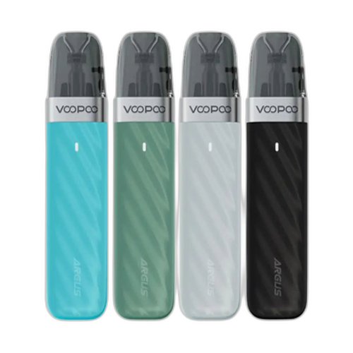 Four Voopoo ARGUS vape devices in different colors on a white background